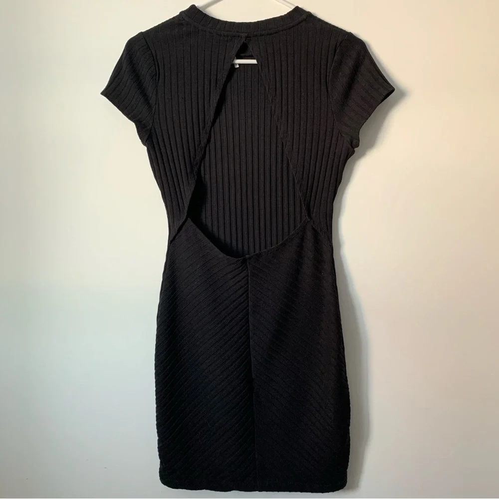 Free People Black Ribbed Bodycon Dress w/ Crew Neck, Cap Sleeves, & Cut Out Back